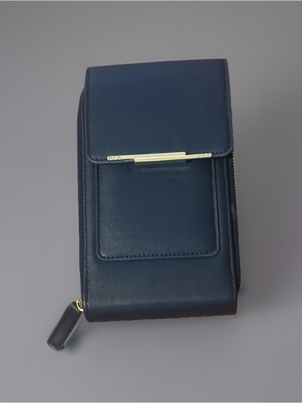 Navy Leather Crossbody Wallet with Gold Accent Detachable Strap